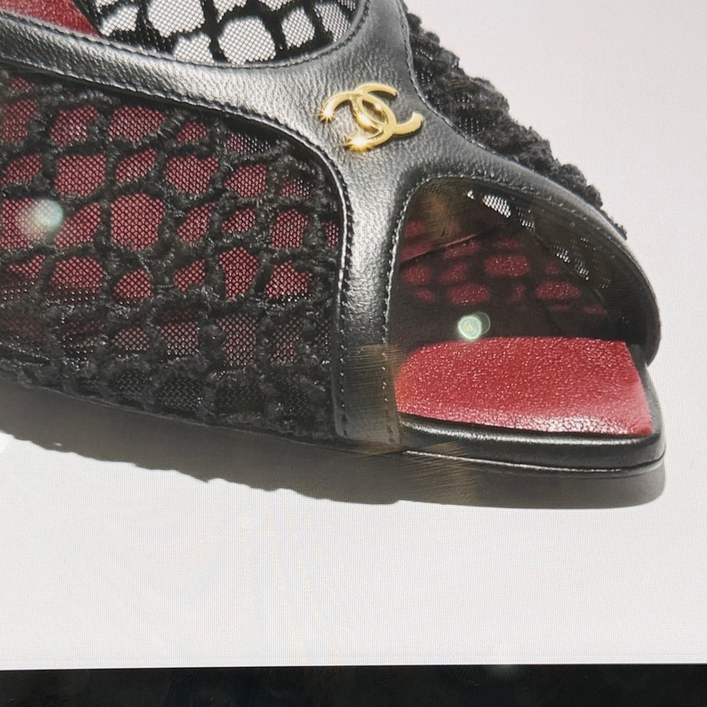 CHANEL Black Mesh Open-Toe Mule Heels with Burgundy Insole - Picture 4 of 5